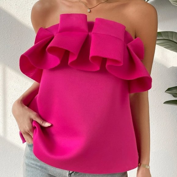 Pink Boho Womens Ruffle Trim Zip Back Tube Top - Picture 3 of 4